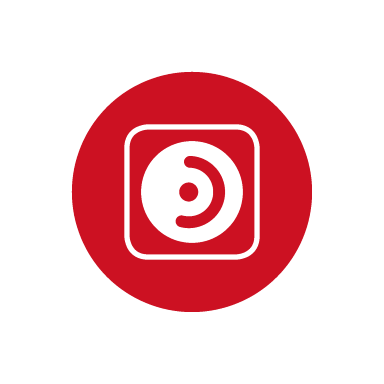 Rotes, rundes Bernafon Konnektivität-Symbol mit Quadrat und rundem Bernafon Signet in der Mitte