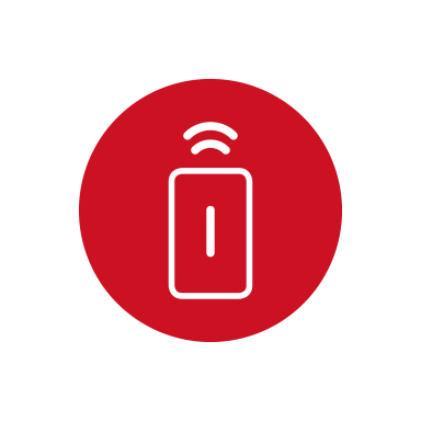 Rotes, rundes Bernafon Konnektivität-Symbol mit Bernafon Zubehör SoundClip-A in der Mitte