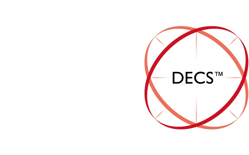 Rotes, rundes Bernafon Technologie Logo mit Wort DECS™ in der Mitte