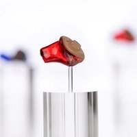 Rotes Im-Ohr Hörgerät aus der Bernafon Manufaktur auf einem Acrylpodest und unscharf im Hintergrund weitere Im-Ohr Hörgeräte
