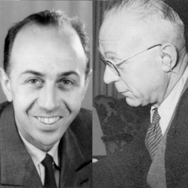 Viejos retratos en blanco y negro de los sonrientes Hans Gfeller Jr. y Hans Gfeller Sr., con audífono, 1946