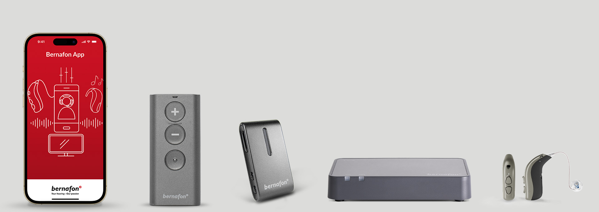 iPhone with Bernafon App splash screen, next to RC-A, SoundClip-A, and TV-A accessories and miniRITE T R hearing aids