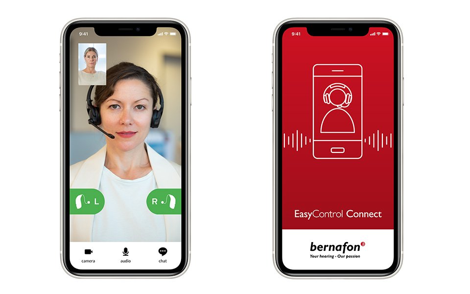 Two smartphones showing a smiling Audiologist during an online hearing aid appointment and a Remote Fitting Session on Bernafon EasyControl Connect app