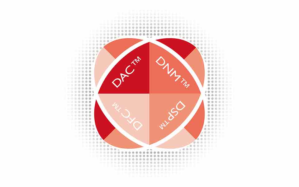 A graph showing the four main features of the Bernafon technology DECS with the newest feature Dynamic Feedback Canceller.