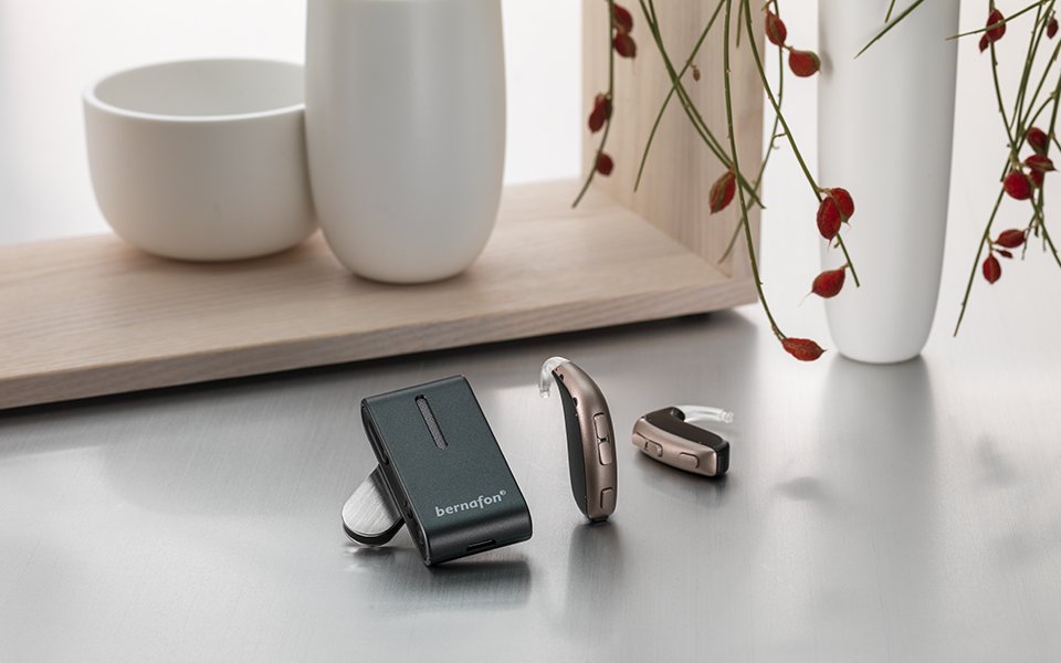The Bernafon Leox Super Power|Ultra Power behind-the-ear hearing aids and SoundClip-A in front of a vase and wooden frame.  
