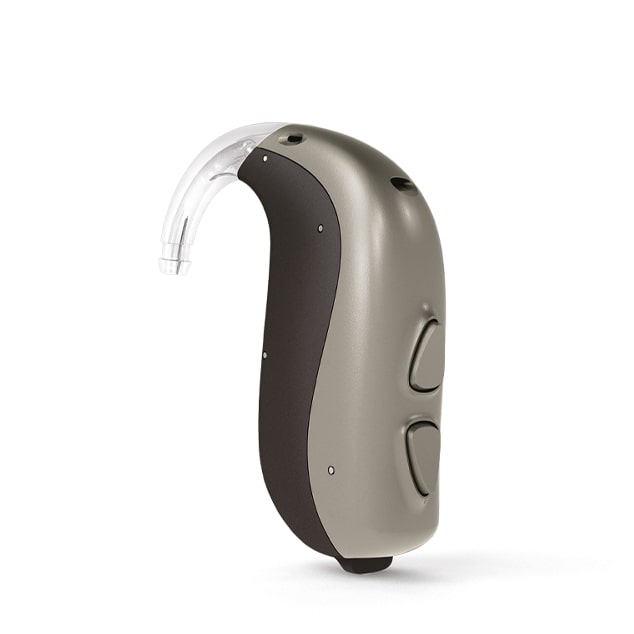 Photo d'un appareil auditif contour d'oreille Bernafon LEOX pour une perte auditive légère à profonde, de couleur grise.