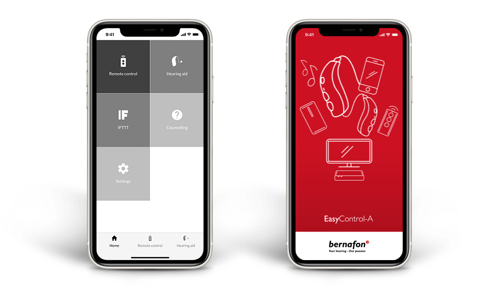 Kaksi älypuhelinta, jonka näytöillä on Bernafon EasyControl-A sovellus