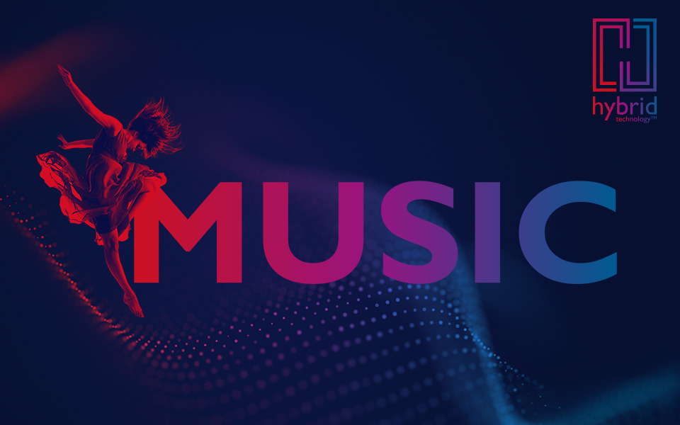 Red/blue image of woman dancing next to MUSIC block wordmark, Bernafon Alpha's Hybrid Technology logo and a sound wave