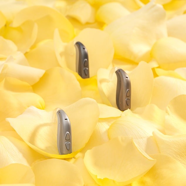 Tres audífonos Bernafon detrás de la oreja Nevara en pétalos de flores amarillas