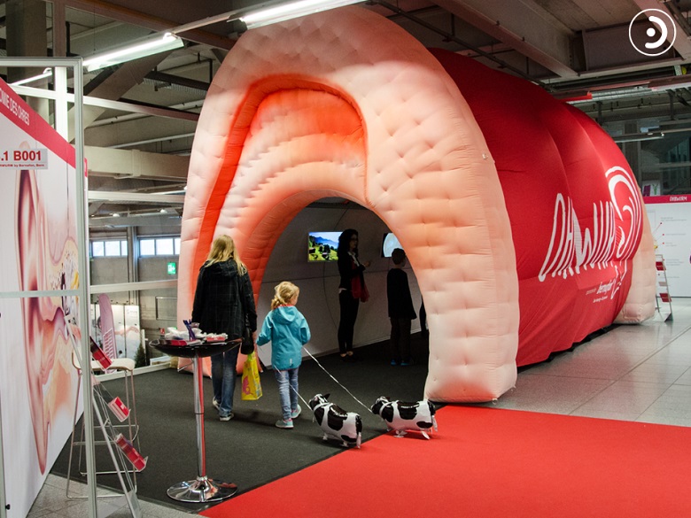 Bernafon stand with picture of the ear, brochures, and Ohrwurm, a walk-in tunnel where visitors put their hearing to the test.
