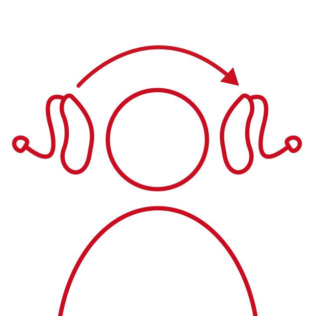 Rotes Icon eines Kopfes mit einem kabellosen, wiederaufladbaren CROS/BiCROS-Sender und einem empfangendem Hörgerät.