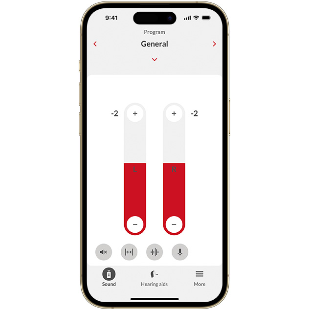 iPhone with Bernafon App screen to adjust hearing aid sound intensity