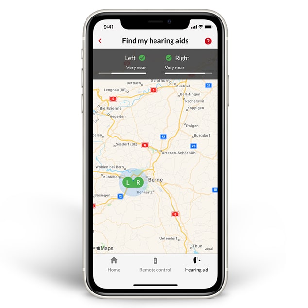 Smartphone som visar interaktiv karta med hörapparaters plats från funktionen hitta mina hörapparater i Bernafon EasyControl-A-appen