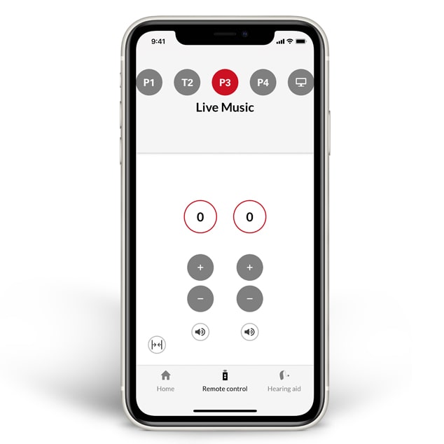 Smartphone med appen Bernafon EasyControl-A, der viser fjernbetjening til justering af høreapparatets lydstyrke og programskift