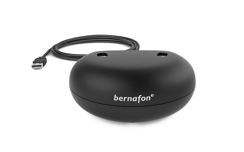 Stabil, sort, plug & play-oplader til to genopladelige Bernafon høreapparater