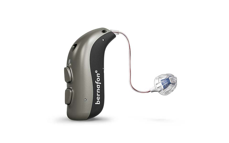 Genopladeligt Bernafon CROS/BiCROS miniRITE T R høreapparat i metallic silver/metallic anthracite med speaker og tip