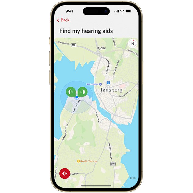iPhone with Bernafon App screen showing a map of the "Find my hearing aids" functionality