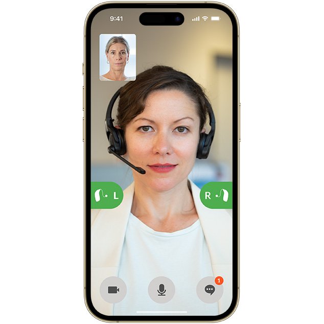 iPhone with Bernafon App screen showing a female hearing care professional doing Remote Fitting with hearing aid user