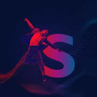 Röd/blå bild av man som dansar bredvid bokstaven S och med en Bernafon Alpha Music Experience ljudvåg i ryggen