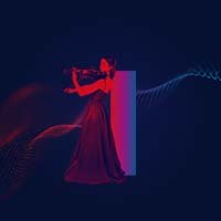 Red/blue image of woman playing violin next to the letter I and with a Bernafon Alpha Music Experience sound wave in the back