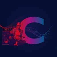 Red/blue image of woman next to a speaker and the letter C with a Bernafon Alpha Music Experience sound wave in the back