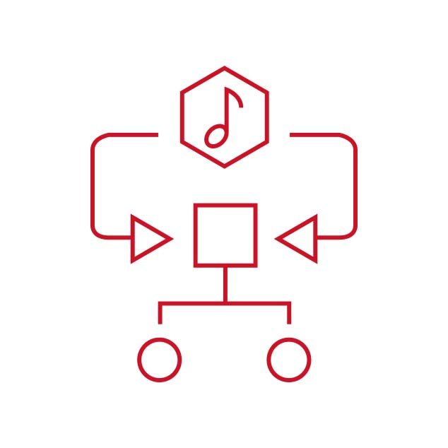 Punainen kuvake, joka edustaa musiikille tyypillistä algoritmia Bernafon Alpha -kuulokojeiden Musiikkielämys -ohjelmassa