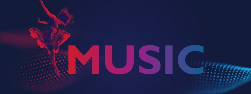 Czerwono-niebieska wizualizacja grającego na trąbce mężczyzny obok słowa MUSIC, logo Hybrid Technology oraz wizualizacja fali dźwiękowej w tle
