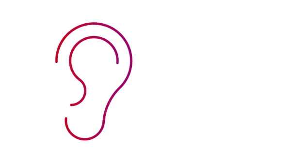 Gif of red/white drawing of ear and sound waves representing Hybrid Feedback Canceller, part of Bernafon Hybrid Technology