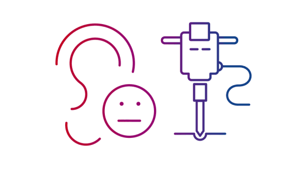Gif of red/white drawing of ear and jackhammer representing Hybrid Noise Management, part of Bernafon Hybrid Technology 