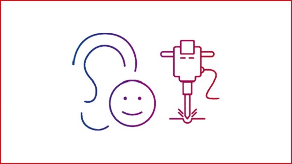 Illustration av ett leende ansikte, ett öra och en borr som illustrerar de glada resultaten av Bernafons hybridbrushantering