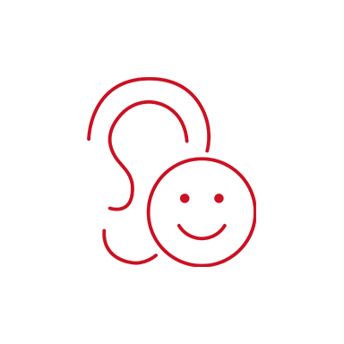 Icona rossa del comfort di ascolto Bernafon con orecchio e faccina sorridente su sfondo bianco