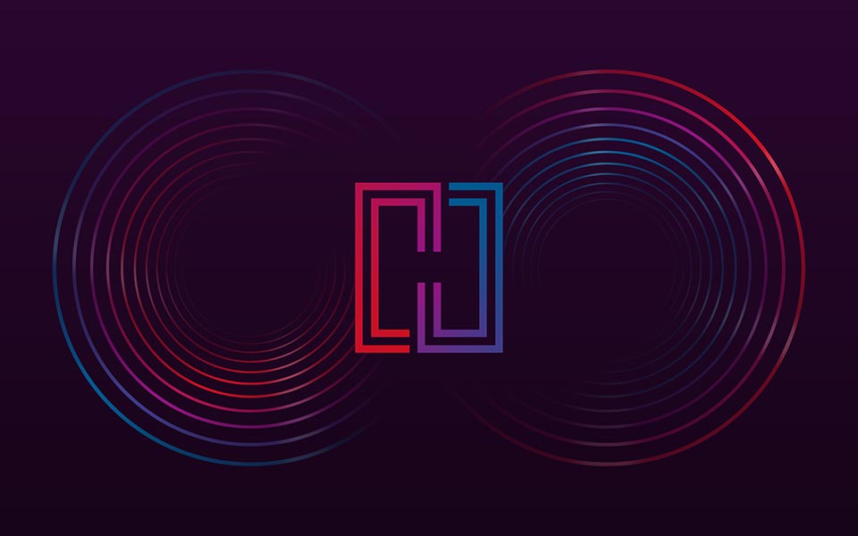 Hybrid Technology logo of Bernafon Alpha XT hearing aids surrounded by red and blue circular lines on dark background