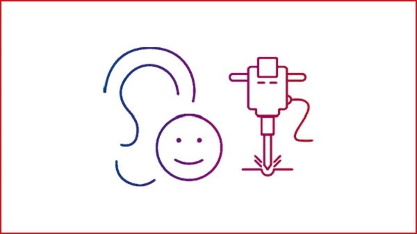 Illustratie van een lachend gezicht, een oor en een boor, ter illustratie van de gelukkige resultaten van Bernafon hybride geluidsbewerking