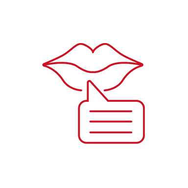 Rødt Bernafon-ikon for taleforståelse med læber og talebobbel på en hvid baggrund 