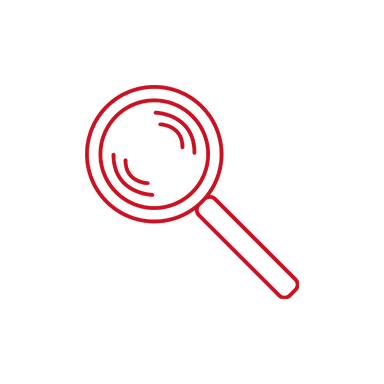 Icono de la lupa roja de Bernafon sobre fondo blanco