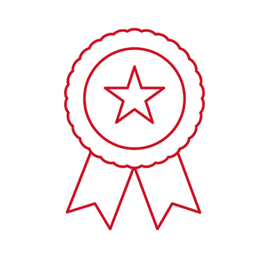Rotes Bernafon Symbol "Klangqualität" mit Auszeichnungsband auf weißem Hintergrund