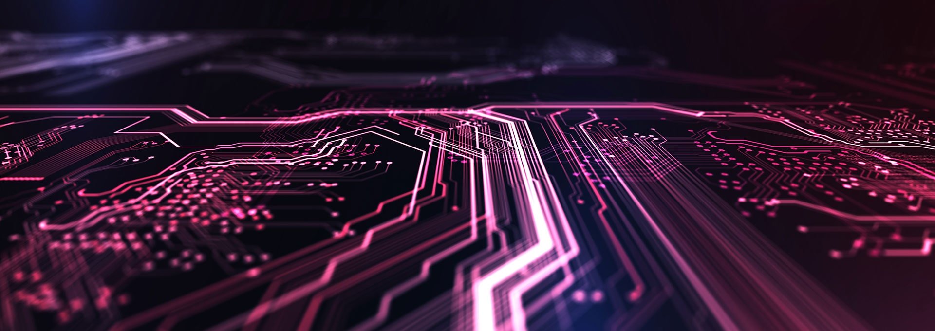 Dark red and blue technology background with circuit board, code, and a strong white line down the middle. A 3D illustration.