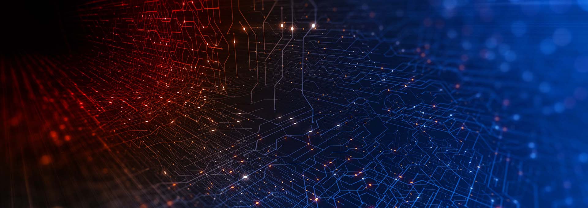 Un réseau de points connectés illuminés en rouge et bleu symbolisant le monde numérique de notre logiciel d'adaptation Oasisnxt.