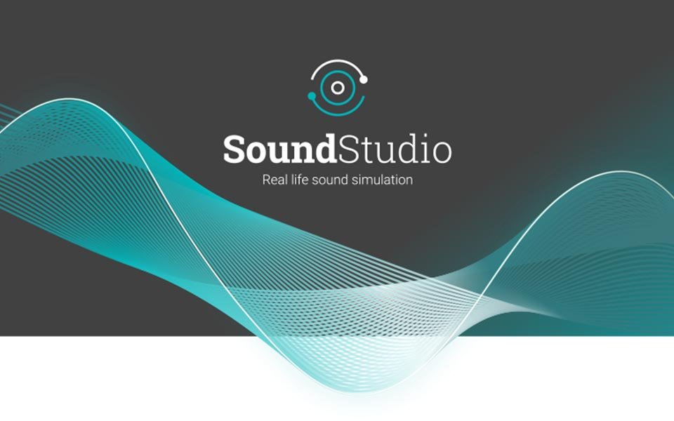 Soundstudio-logo bovenop blauwe geluidsgolf met tekst "levensechte geluidssimulatie"