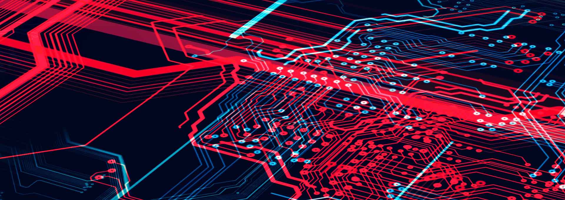 Mörkblå och röd teknikbakgrund med kretskort, kod, stark röd och blå linje. En 3D-illustration.