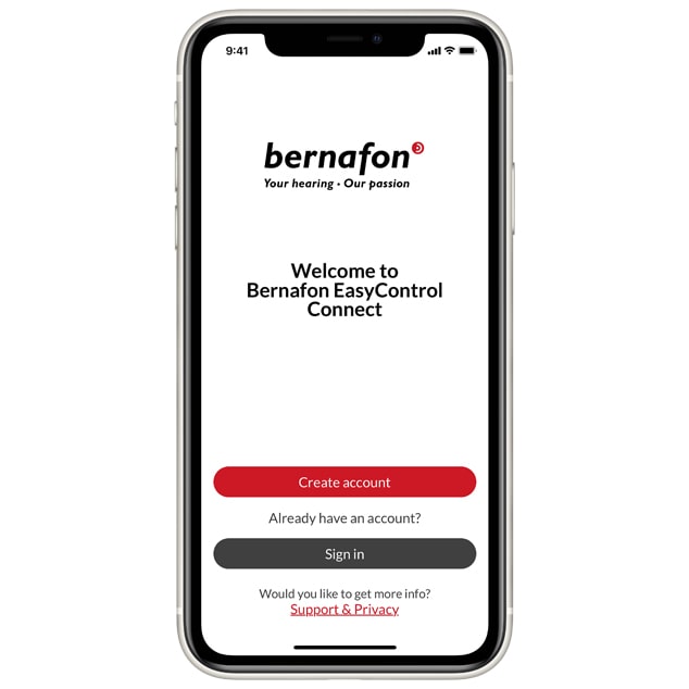 İşitme cihazları için Bernafon uygulamasının hesap oluşturma ve oturum açma seçeneklerini gösteren bir akıllı telefon