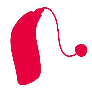 Ilustración roja de un audífono detrás de la oreja