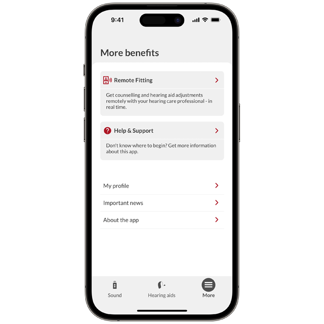 iPhone 14 with Bernafon App screen showing More benefits