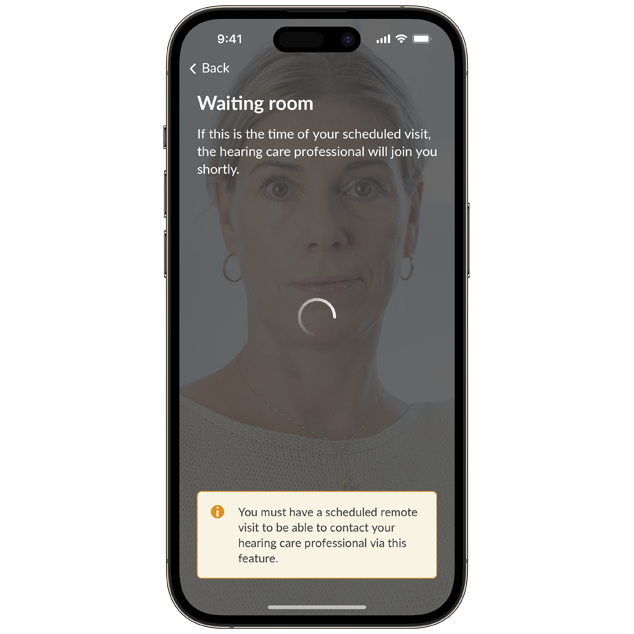 iPhone 14 with Bernafon App screen showing remote fitting waiting room