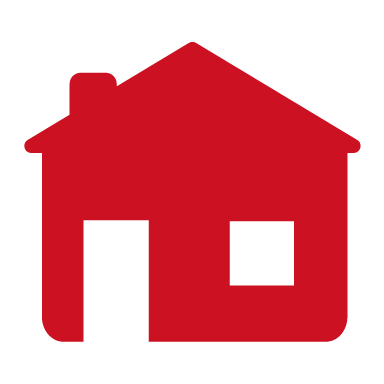 Çevrimiçi danışmanlık hizmetiyle işitme uzmanından evde işitme hizmeti alabilme imkanını temsil eden, beyaz arka planda kırmızı ev çizimi