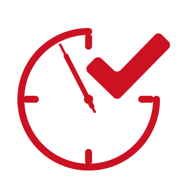 Red illustration of clock with checkmark in corner on a white background shows testing new hearing aid settings in real time
