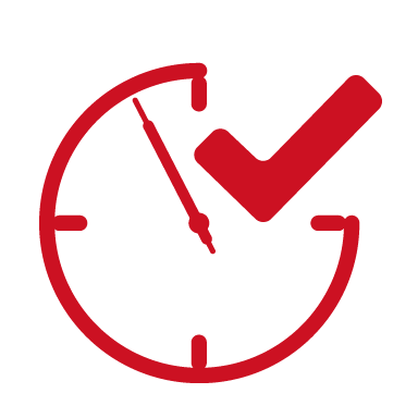 Illustration rouge d'une horloge avec une coche dans le coin sur un fond blanc montrant le test de nouveaux réglages d'appareils auditifs en temps réel.