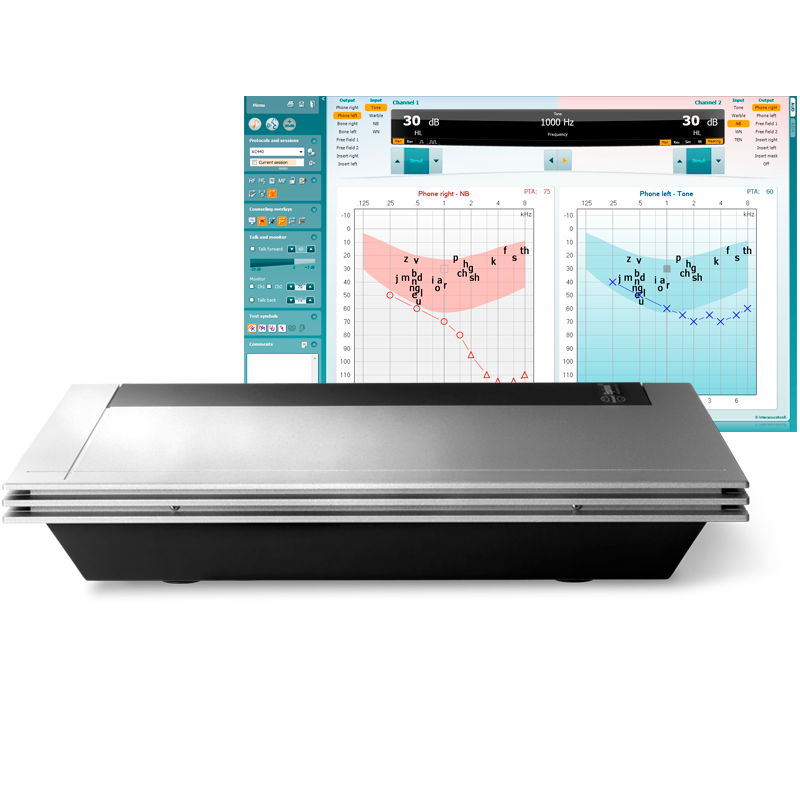 Interacoustics Equinox, et audiometri system med en stor skærm, der viser auditive data, og et tastatur til indtastning af data