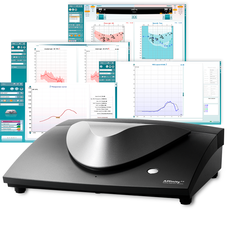 Interacoustics Affinity, et høreapparat tilpasningssystem med en stor skærm, der viser auditive data, og et tastatur til indtastning af data
