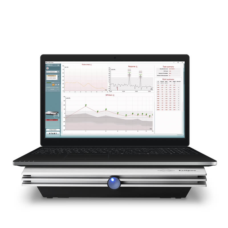 Interacoustics Eclipse DPOAE, et distortion product otoacoustic emissions system med en stor skærm, der viser auditive data, og et tastatur til indtastning af data